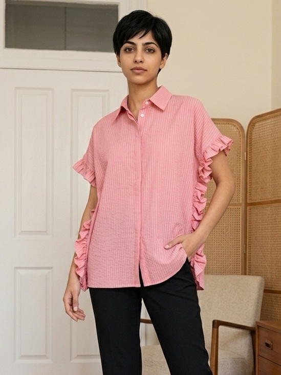 Harshman Tops - NWT Harshman Women’s Darcy Rose Pink Seersucker Ruffle Blouse Top Oversized-